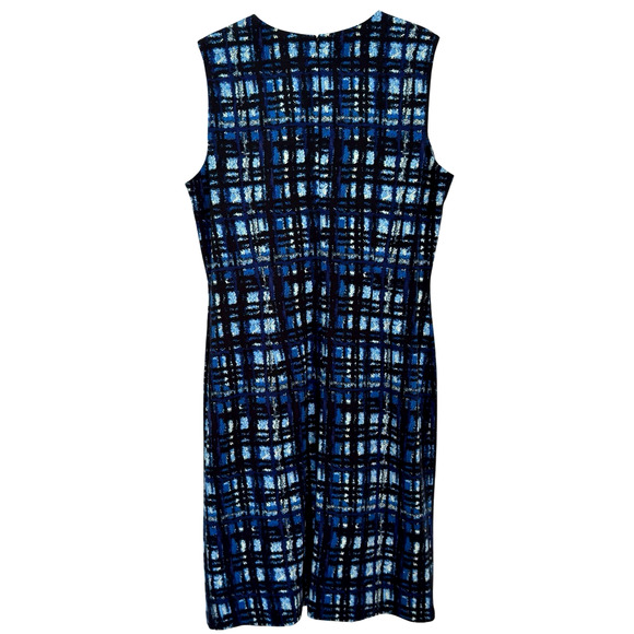J. McLaughlin Size L Blue Black Abstract Plaid Jersey Sheath Dress Sleeveless - Picture 2 of 6